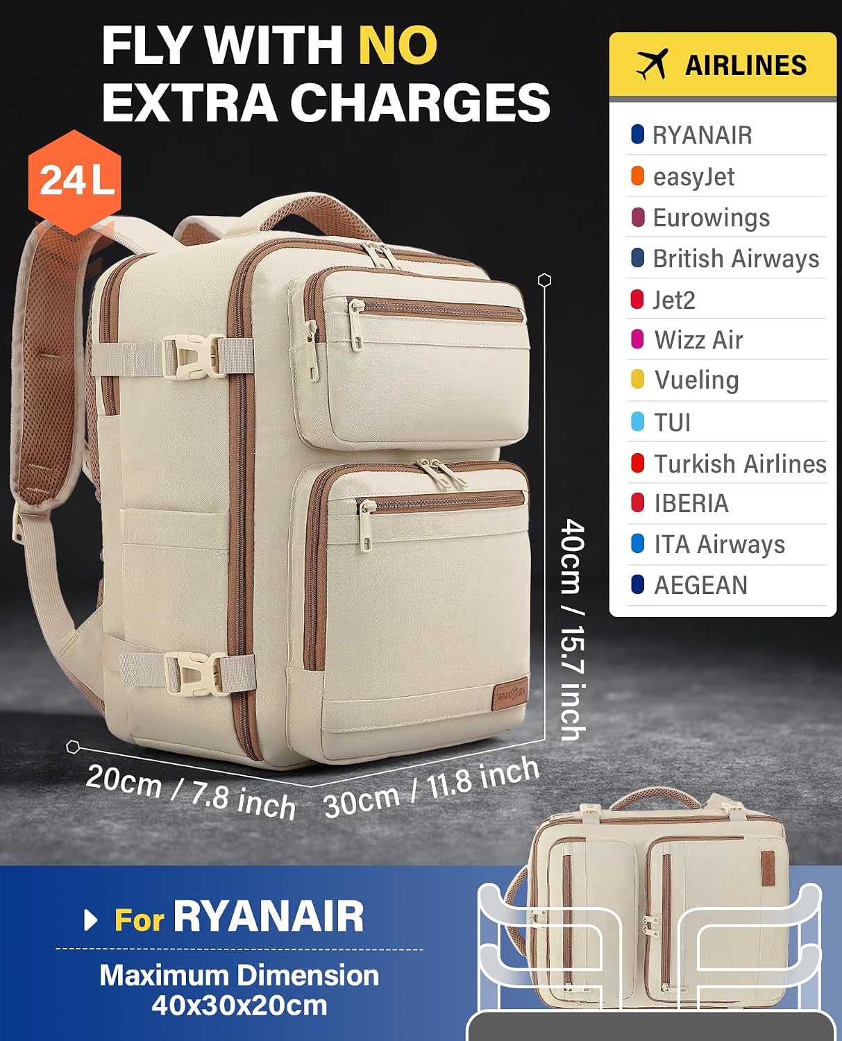 Thumbnail 1 de VANKEV Cabin Bag 40x30x20cm 24L Underseat Luggage for Ryanair/EasyJet/Eurowings/Wizz Air (Beige) – fits 15.6" laptop
