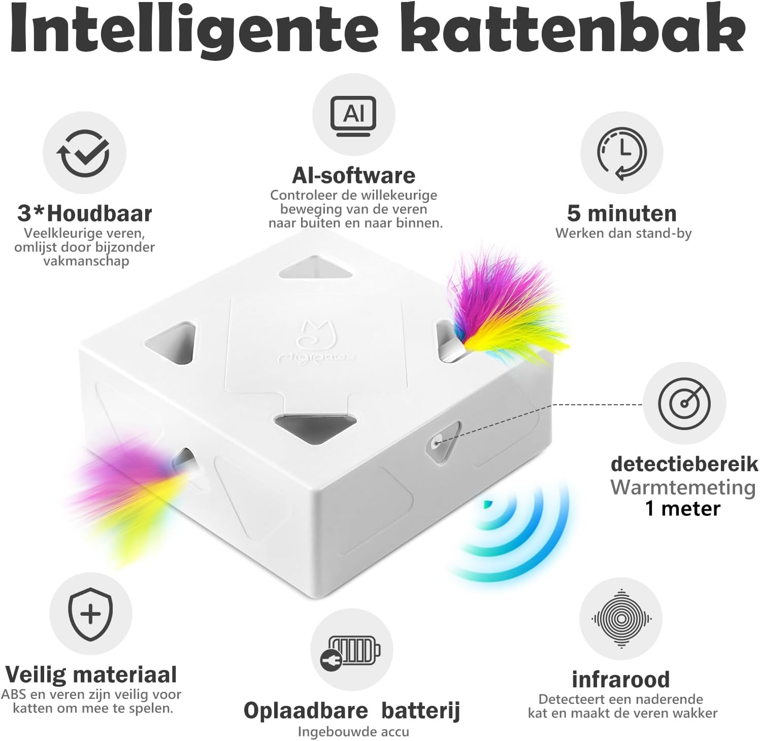 Detalle de Migipaws MigiBox kattenspeelgoed met 7 gaten, bewegingssensor en USB-C