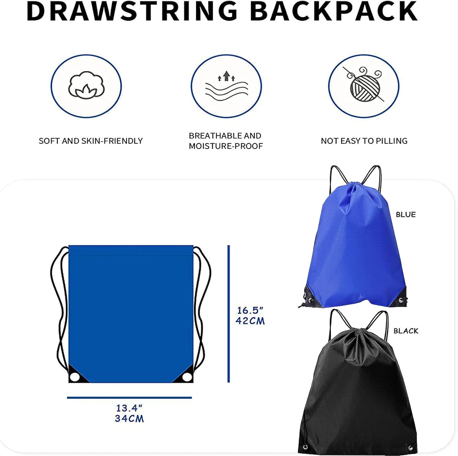 Detalle 2 de LMOGWL 2-pack Drawstring Backpack: Lightweight PE Sport & Travel Bags (Blue & Black)