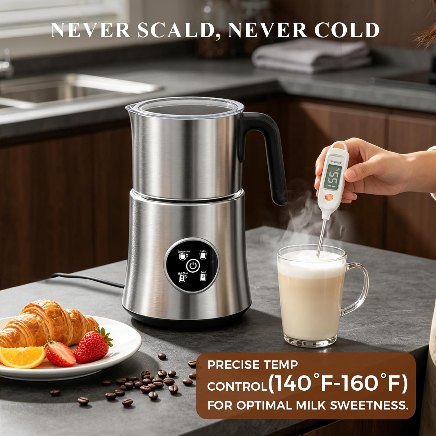 Detalle 2 de Milk Frother and Steamer with Detachable Stainless Steel Jug — 4-in-1 Foam Maker for Hot & Cold Froth