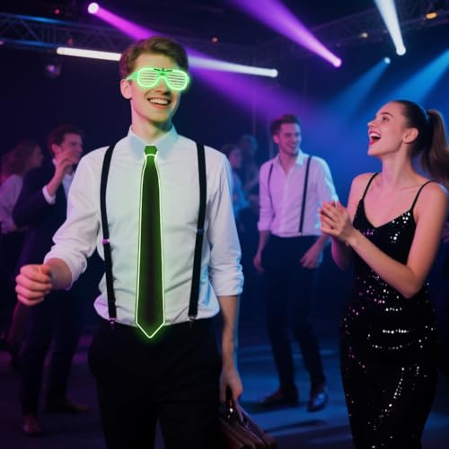 Detalle de Alaoo Gafas LED Luminosas y Conjunto de Corbata y Pajarita Luminosas – Verdes