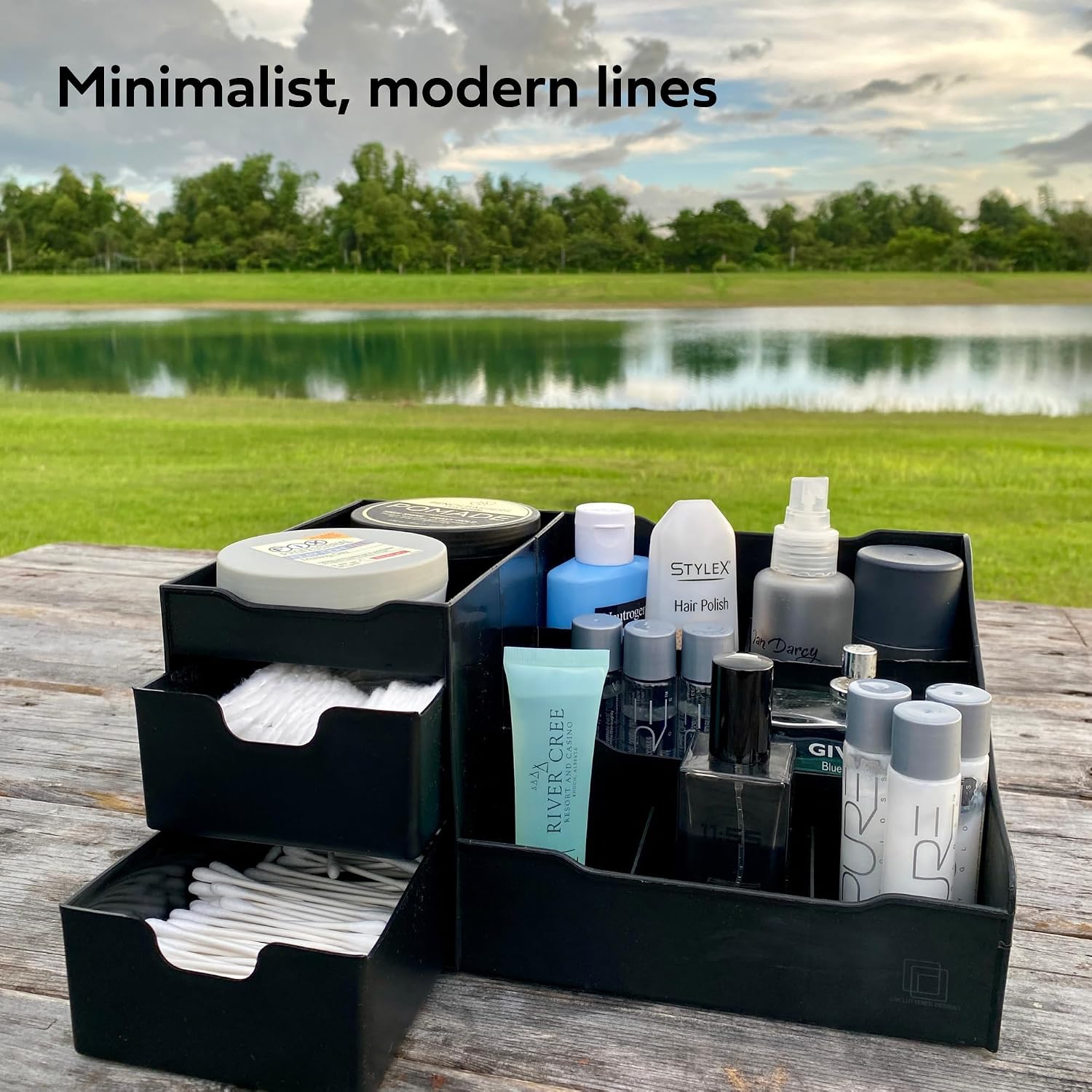 Detalle de UNCLUTTERED DESIGNS Large Black Cosmetic Organiser – Large Drawer Box for Aftershave, Deodorant, Beard, Shaving Lotion, Perfume & Skincare