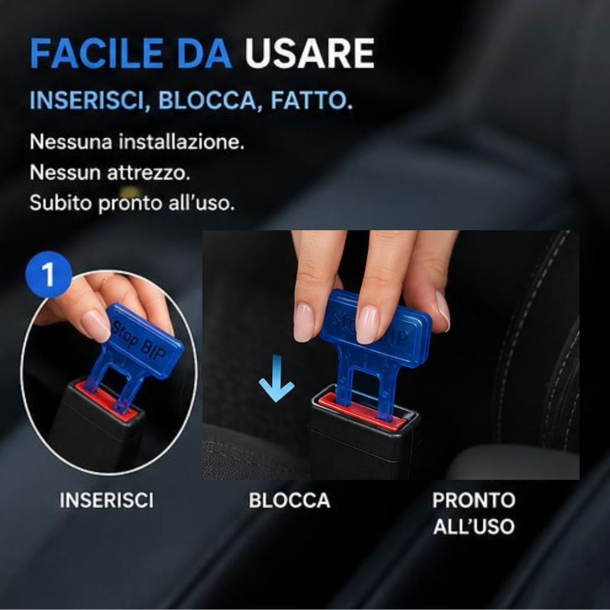 Detalle 2 de Stop BIP Clip Cintura Sicurezza Auto Universal – Pack 4 Clip UltraSlim con Portachiavi Omaggio