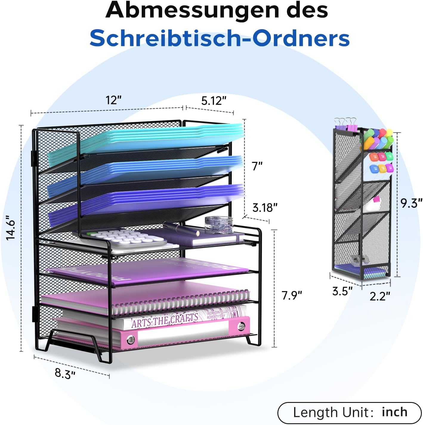 Detalle 2 de ReePlan Schreibtisch Organizer 7 Ebenen – Metallbriefablage mit 4 Flachen & 3 geneigten Ablagen (Stifthalter abnehmbar) – Platzsparender Büroorganizer