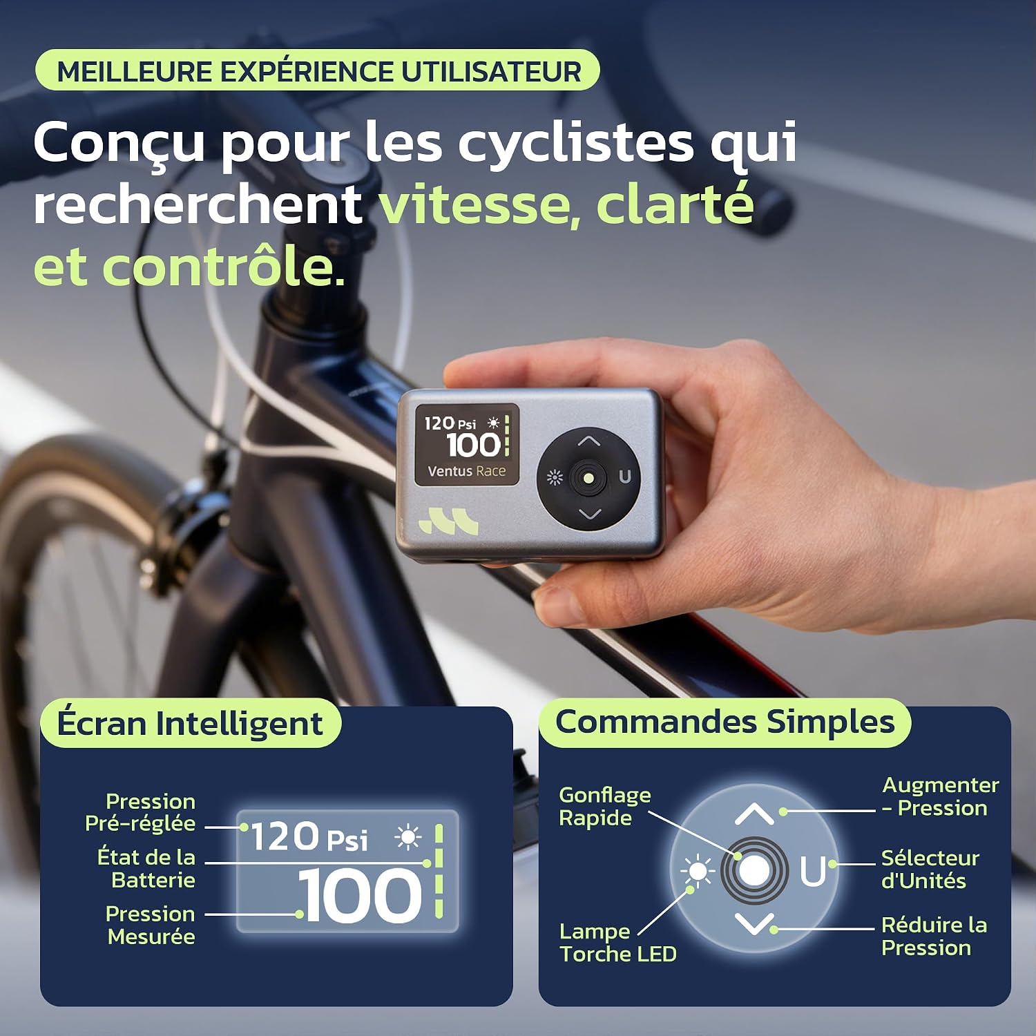 Detalle de Woowind V02 Ventus Race elektrische fietspomp, 120 psi en USB-C