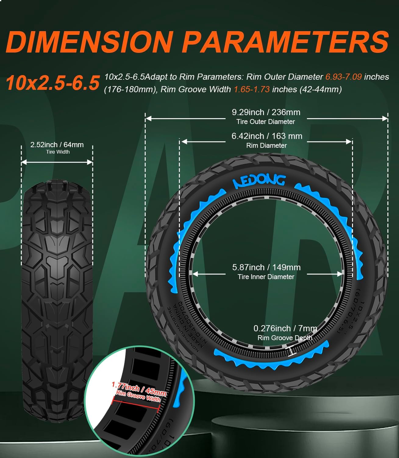 Thumbnail 6 de BANGTING 2PCS 60/70-6.5 E Scooter Reifen Tubeless – Vollgummi 10x2.50, pannensicher (Blau) für Ninebot G30-Serie und Xiaomi 5/5 Pro/5 Max