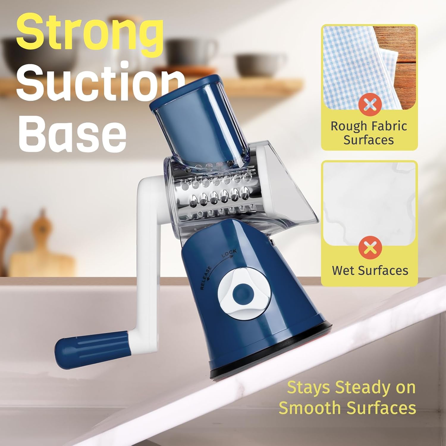 Detalle de Nexsujo Cheese Grater Hand Crank: 3-in-1 Rotary Shredder with Interchangeable Blades