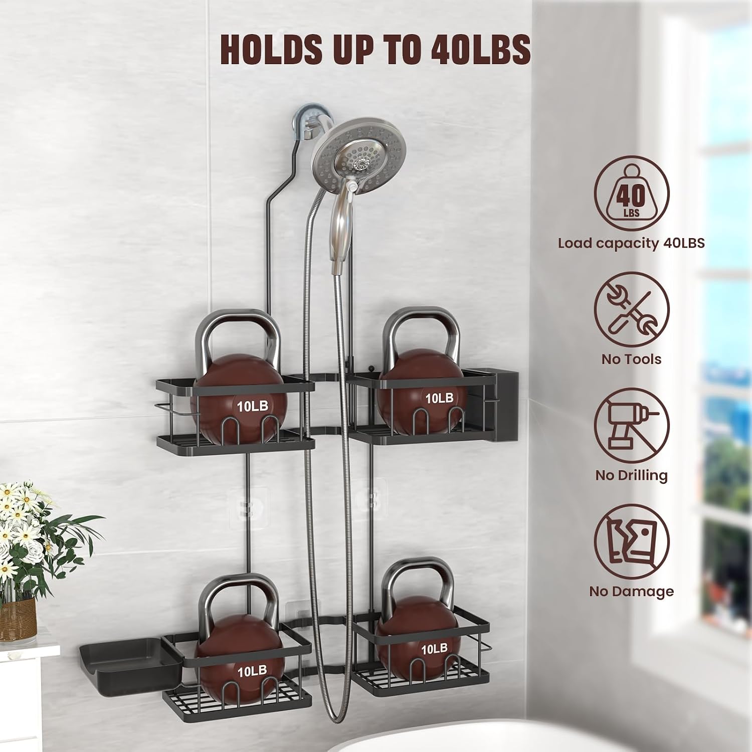 Detalle de REINHARDT Adjustable Shower Caddy for Handheld Showerheads, Black, 4 Baskets