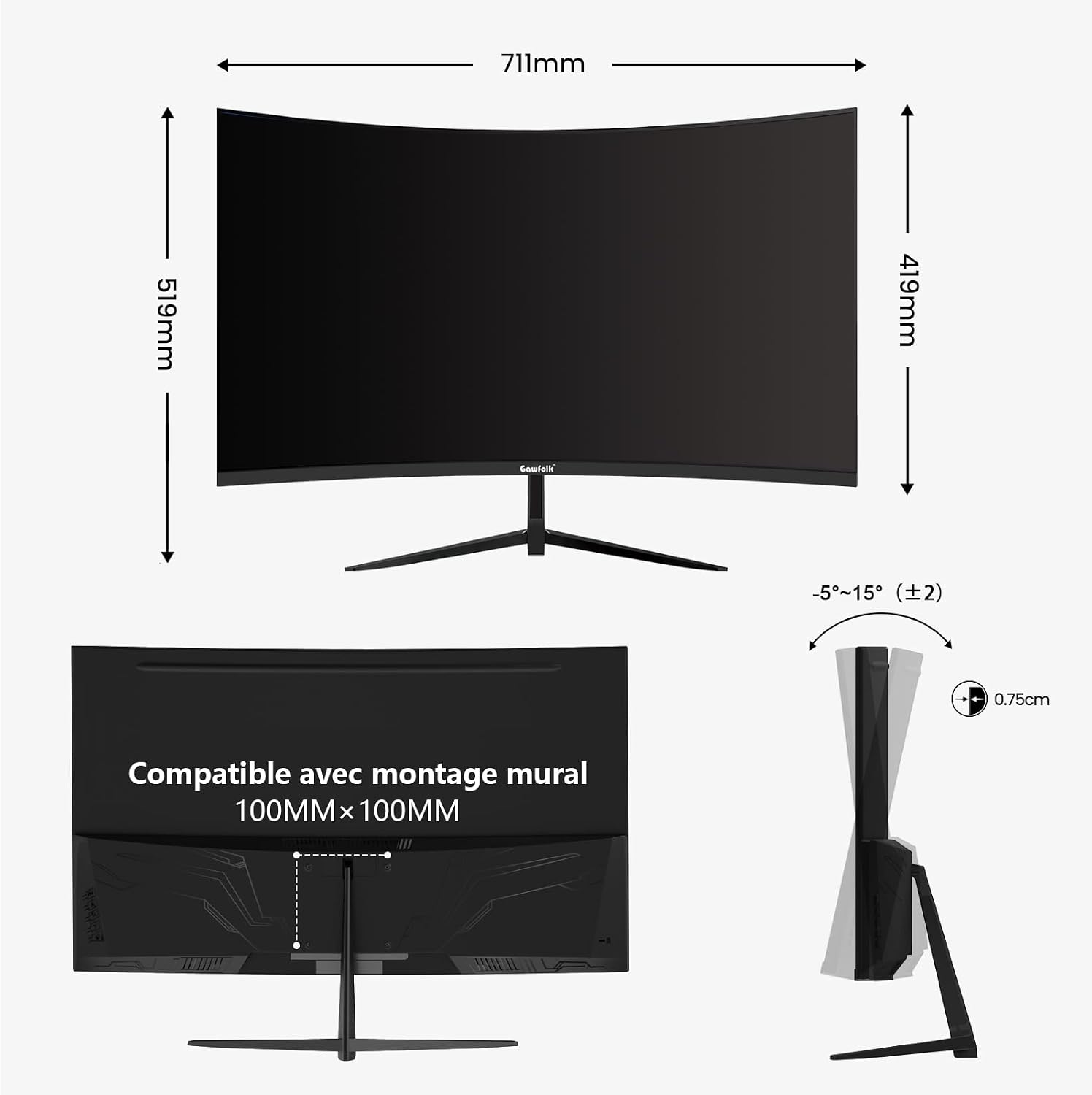Thumbnail 6 de Gawfolk Écran PC 32 pouces incurvé 2K WQHD 165 Hz (HDMI/DisplayPort) 100×100 VESA