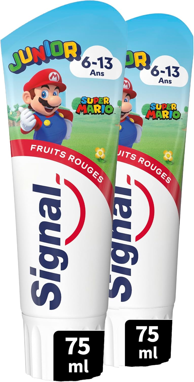Detalle de Signal Junior Super Mario pasta do zębów dla dzieci, czerwone owoce, 1450 ppm fluoru, 2 × 75 ml