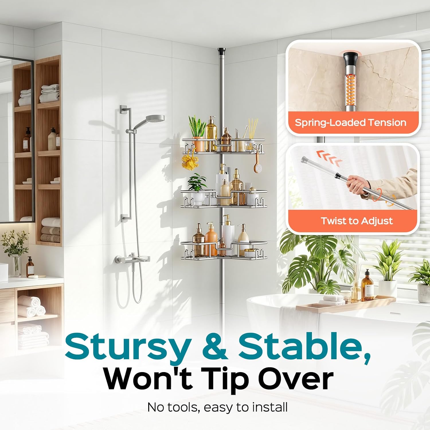 Thumbnail 3 de HAMITOR Telescopic Shower Caddy Corner: 4-Tier No-Drill Rustproof Storage for Renters