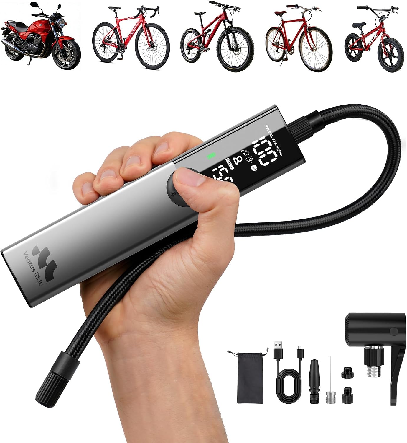 Detalle de Woowind Ventus Ride BP188G elektrisk cykelpump, 150 PSI och USB-C