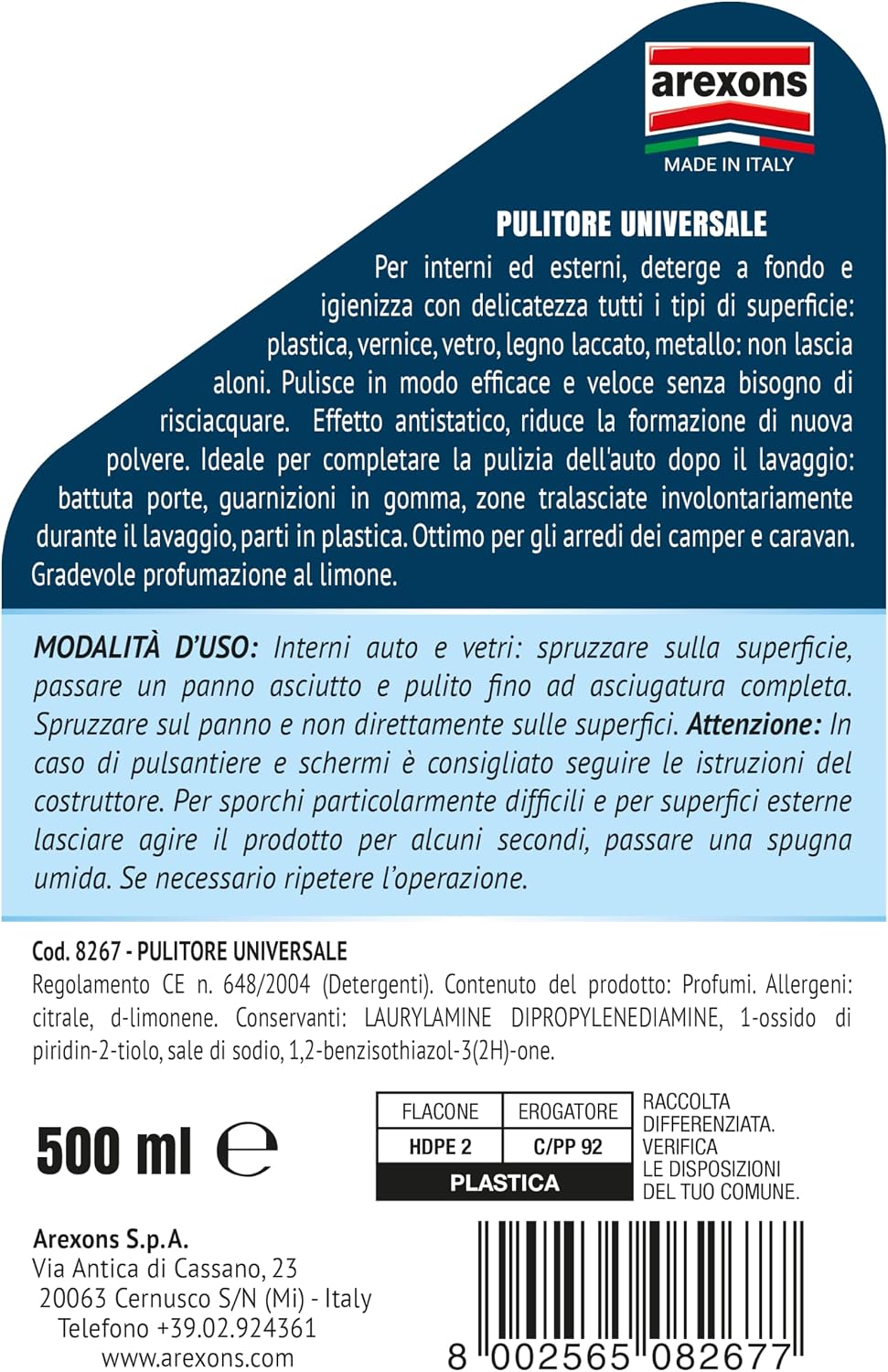 Detalle 2 de AREXONS Pulitore Universale Interni ed Esterni Auto 500 ml — Detergente multiuso con effetto antistatico