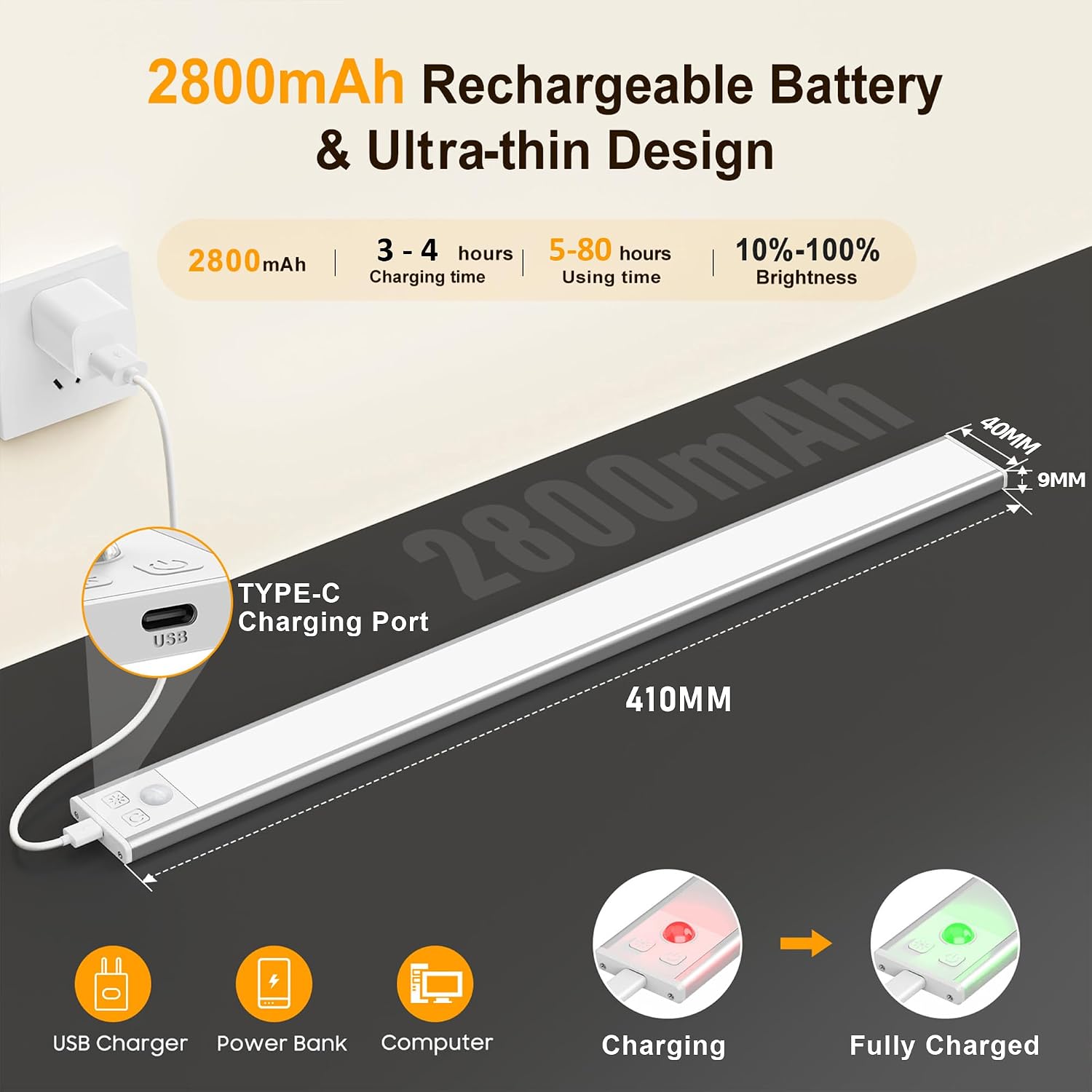 Detalle 1 de LED-Unterbauleuchte für Küche, Schranklicht 41 cm (2 Stück) mit Bewegungssensor, dimmbar und wiederaufladbar