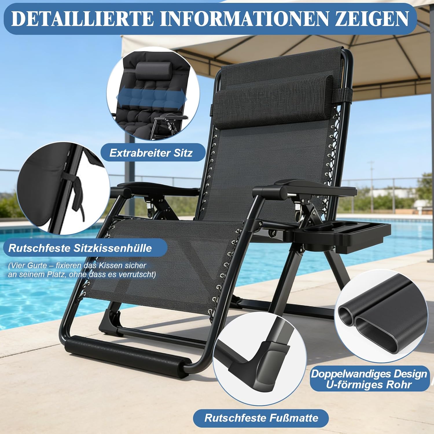 Detalle de Fiutazge 83cm ExtraBreite Sonnenliege Klappbar mit verstellbarer Rückenlehne, Kissen, Getränkehalter und Fußstütze – Schwarz