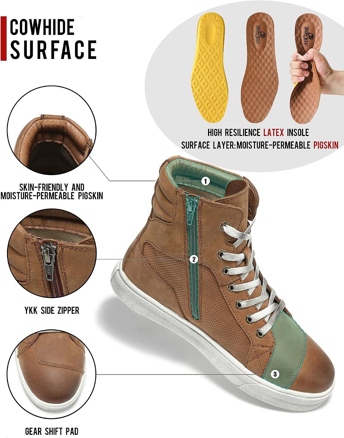 Detalle 2 de Scarpe da moto retrò da uomo in pelle con cerniera e suola antiscivolo marrone (tomaia traspirante)