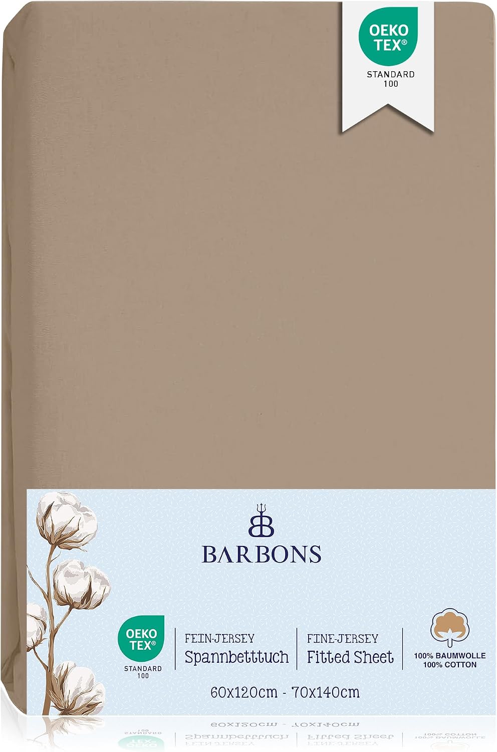 Detalle de BARBONS Spannbettlaken für Baby- und Kinderbett 60x120 / 70x140 – 100% Baumwolle Jersey, OEKO-TEX, 2er-Pack Taupe