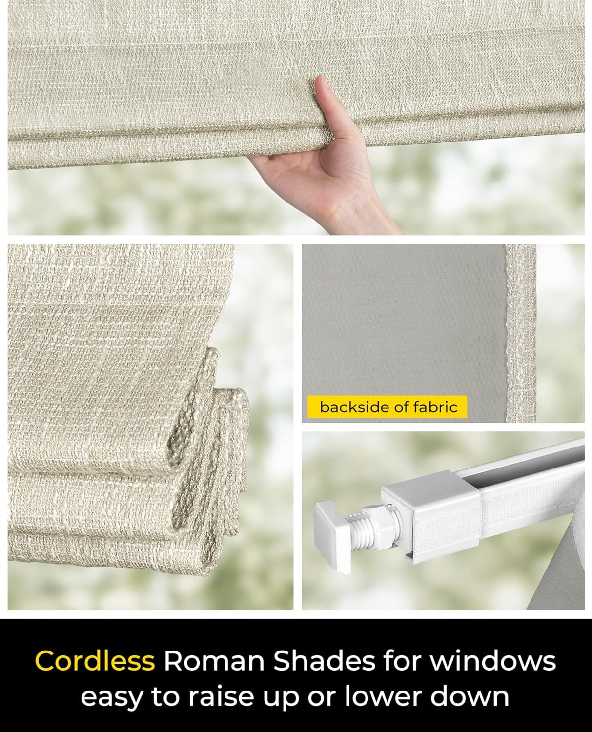 Detalle de No Tools No Drill Cordless Roman Shades (35" W × 64" H) 100% Blackout Beige for Inside-Mount Windows