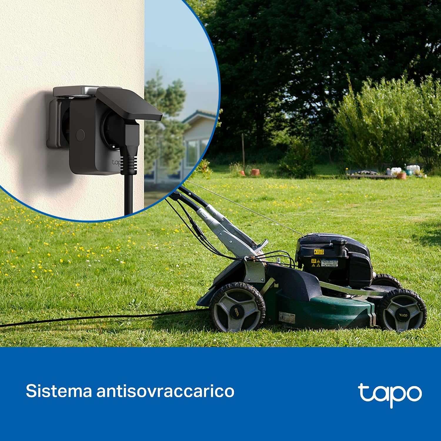Detalle de Tapo P410M: presa smart esterna con controllo vocale, monitoraggio energetico e gestione da remoto
