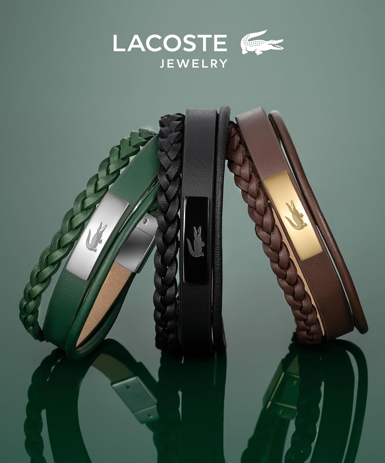 Thumbnail 4 de Lacoste Braccialetto da Uomo Collezione FUSION: cinturino in pelle Nera o Verde con piastra in acciaio inossidabile