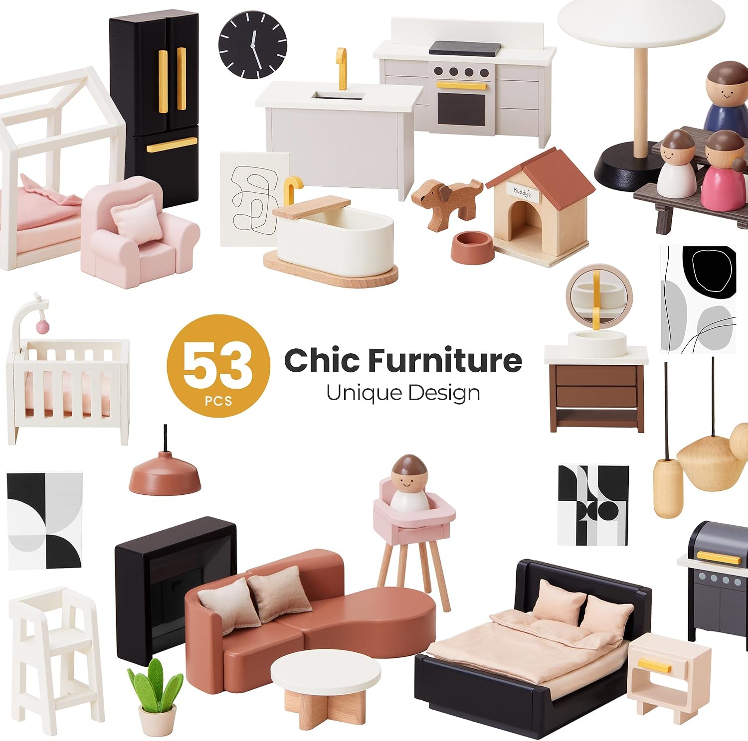 Detalle de Tiny Land Wooden Doll House: Modern Family 7-Room Dollhouse with 53 Accessories