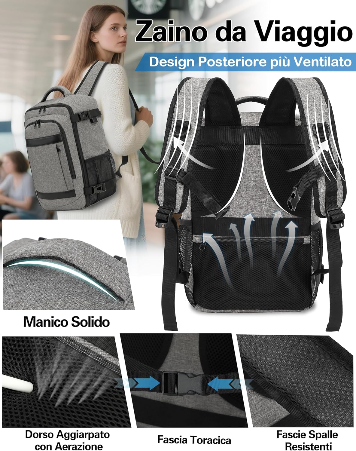 Detalle de KLOSTAIN Zaino Ryanair 40x30x20: Zaino da viaggio cabina 24L, Grigio Mélange Chiaro