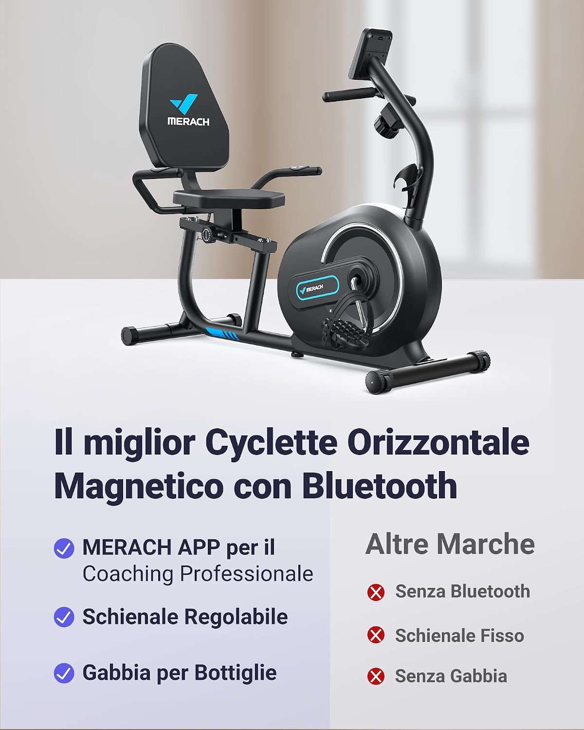 Detalle 2 de MERACH Cyclette da seduta recumbent 8 livelli, capacità 136 kg