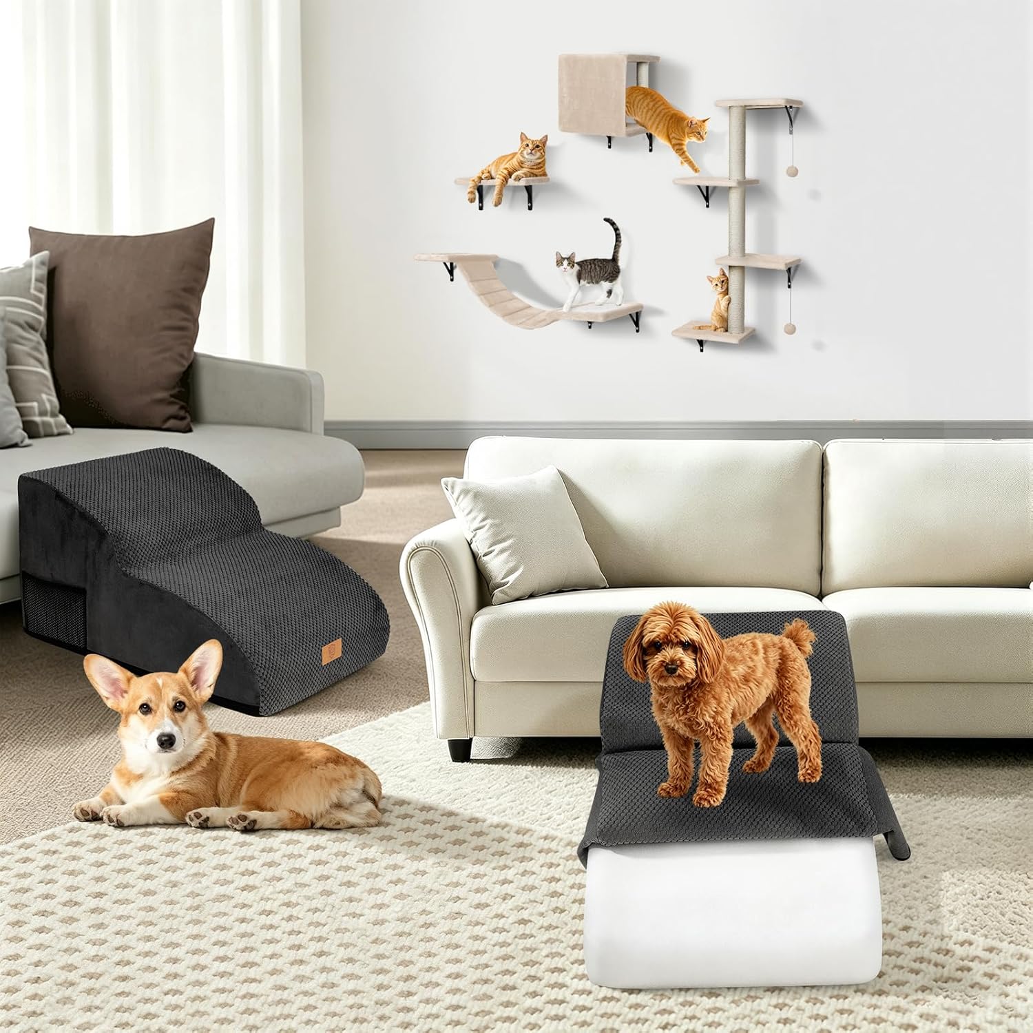 Detalle de Masthome 2-Step Sofa Dog Steps: Waterproof, Non-Slip Ramp with Removable Cover