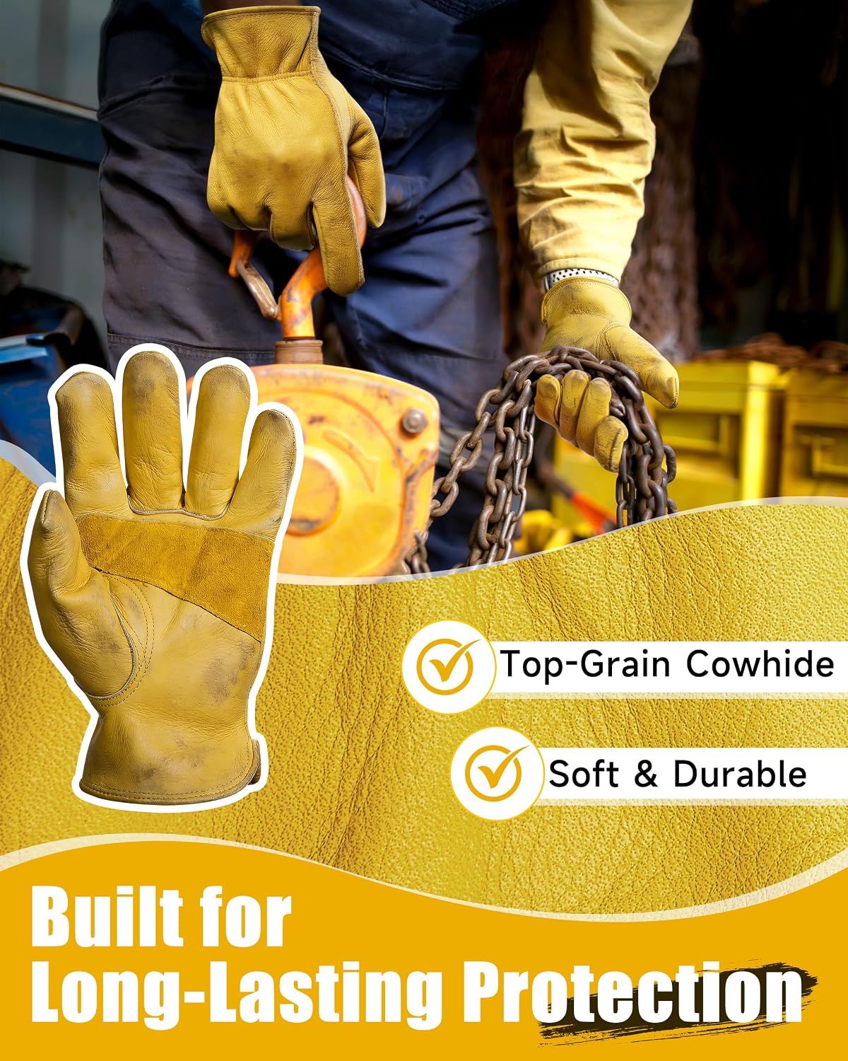 Detalle 2 de DULFINE Cowhide Leather Gardening Work Gloves, Reinforced Palm, 1.2 mm Leather