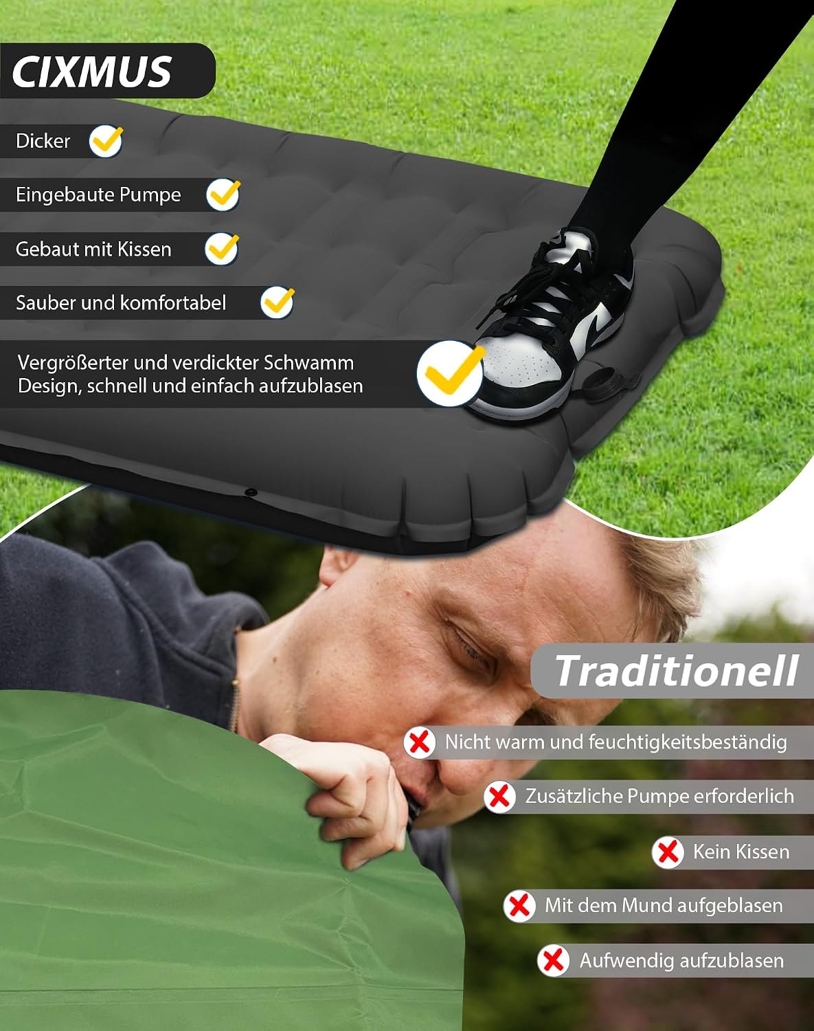 Detalle 2 de CIXMUS Aufblasbare Isomatte Camping mit Fußpumpe und Kopfkissen – 12 cm Dicke, ultraleicht, Kleines Packmaß