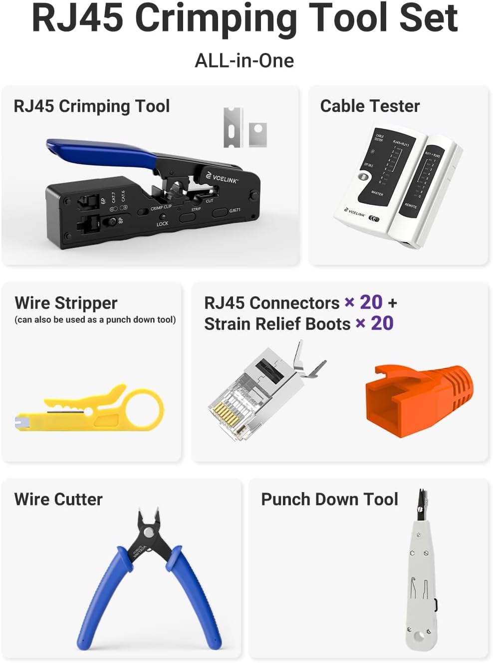 Detalle de VCELINK Netzwerk Werkzeug Set: RJ45 Crimpzange mit Pass-Through Stecker, Netzwerktester & LSA Werkzeug