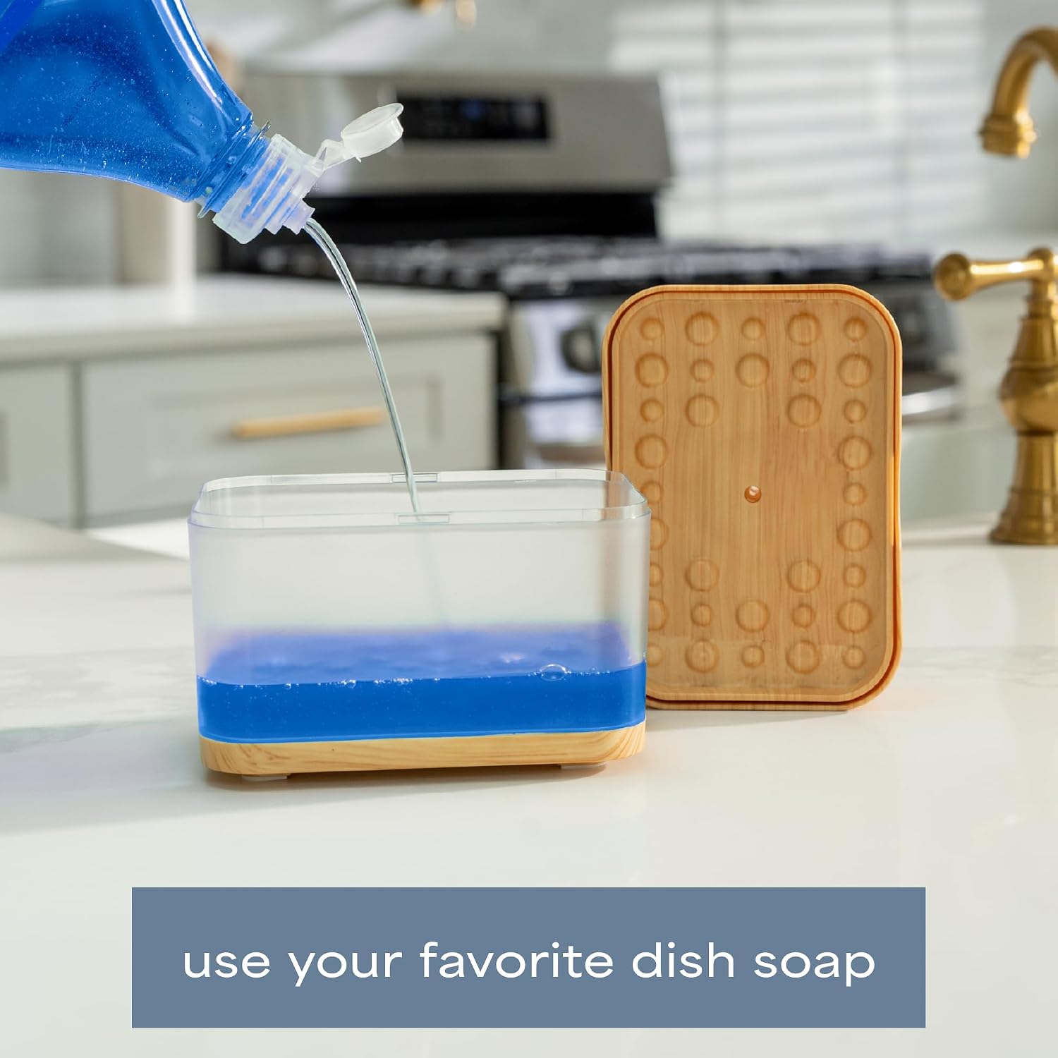 Thumbnail 2 de S&T INC. Dish Soap Dispenser and Sponge Holder, Bamboo-Color Plastic, 13 fl oz