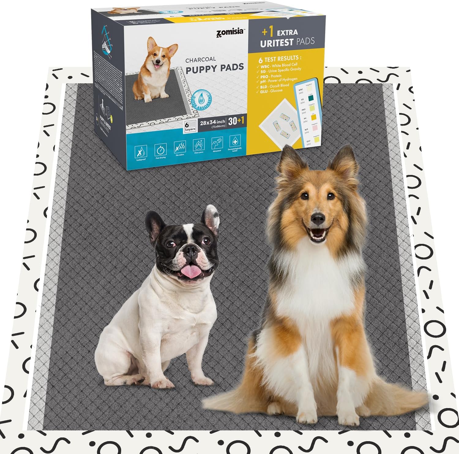 Detalle de ZOMISIA Charcoal Puppy Pee Pads for Dogs (Extra Large) 86x70 cm, 30 count + 1 health monitoring pad