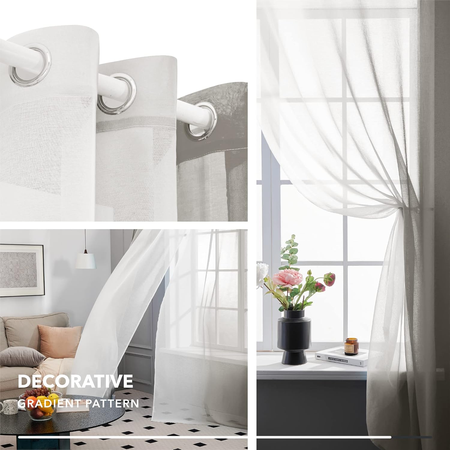 Thumbnail 4 de Deconovo Lot de 2 rideaux voilages à œillets 140×260 cm, gris clair dégradé