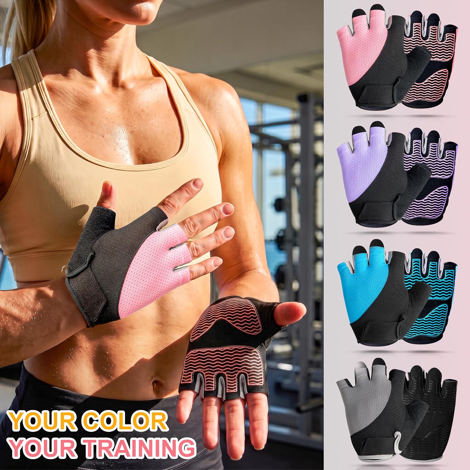 Detalle 2 de sunnex US-JSST 01PINK S Women's Fingerless Workout Gloves, Silicone Grip, Small