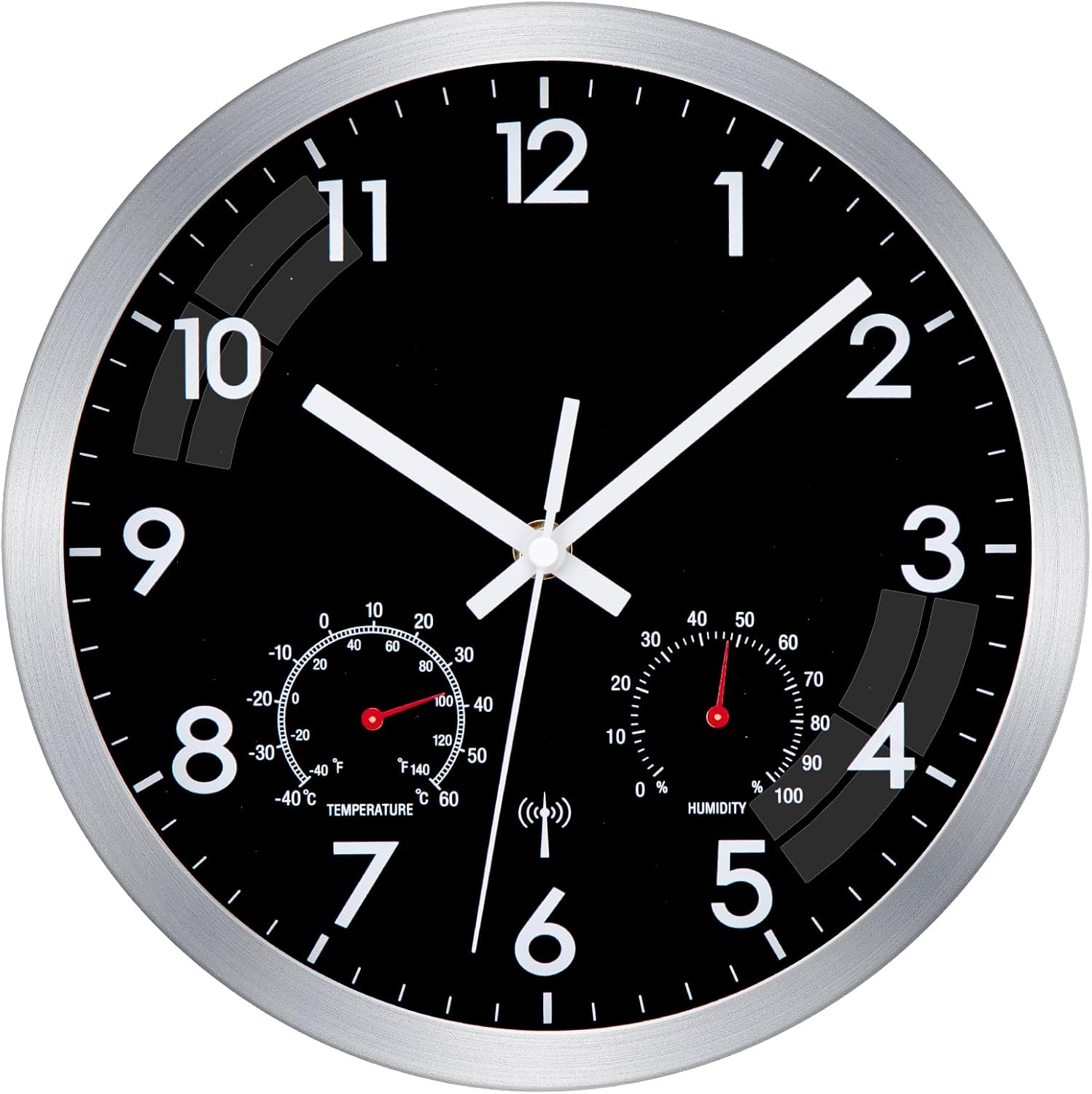 Detalle de Epochic Wanduhr Funk mit Temperatur- und Feuchtigkeitsanzeige – Funkuhr Wand, 25 cm, Schwarz, batteriebetrieben