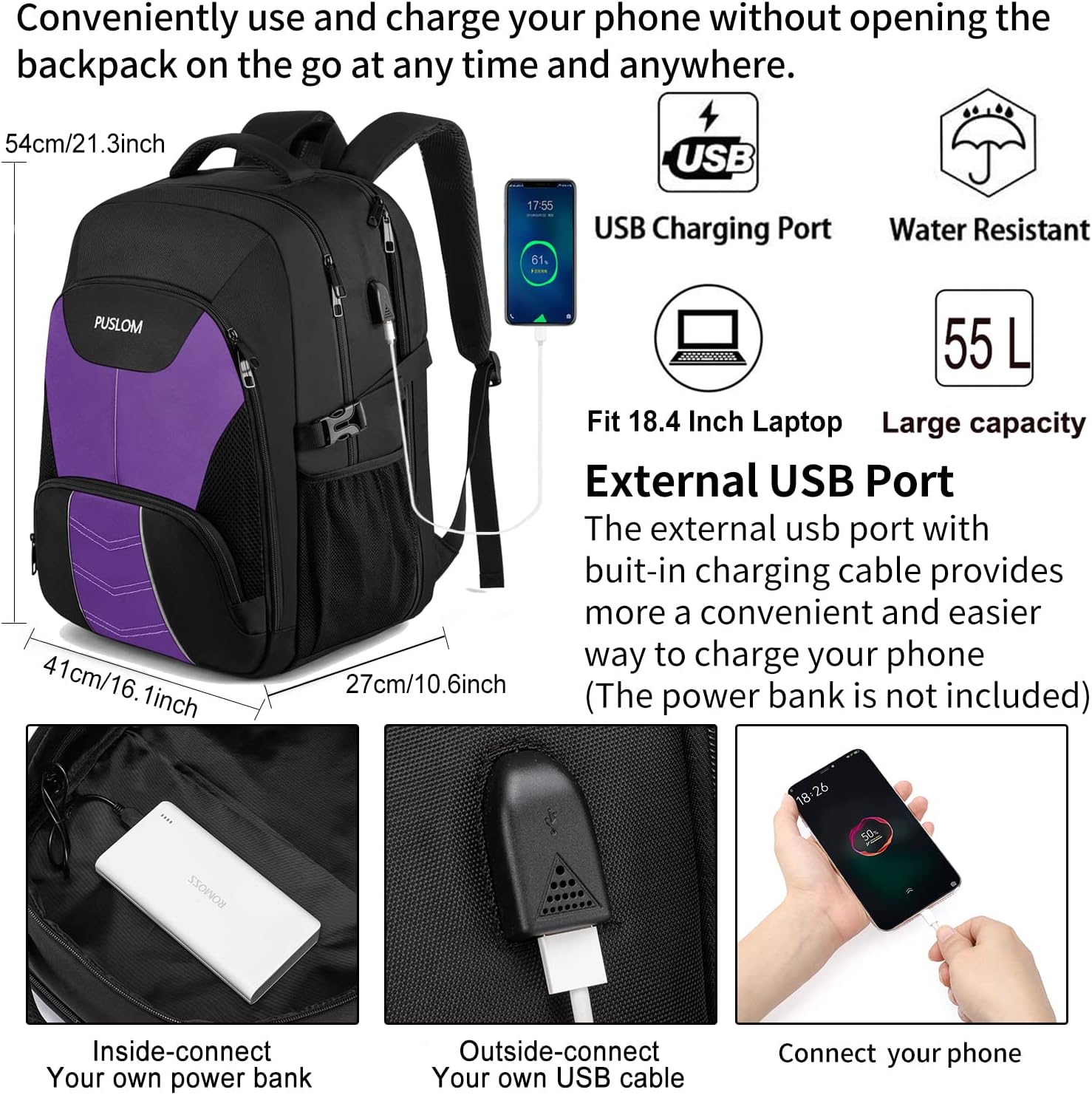 Detalle 2 de Sac à dos homme 55 L avec ordinateur 18,4 pouces