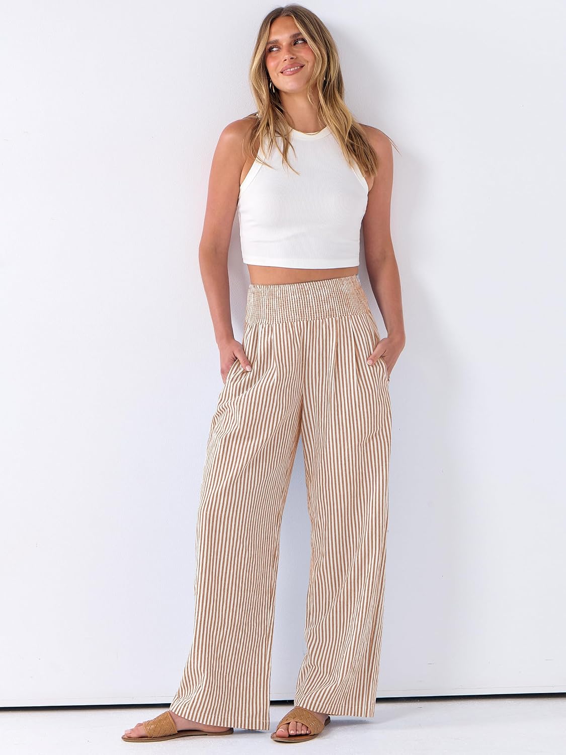 Detalle de ANRABESS Striped Gingham Palazzo Pants — Wide-Leg, Smocked High-Waisted Pajama/Lounge Pants with Pockets