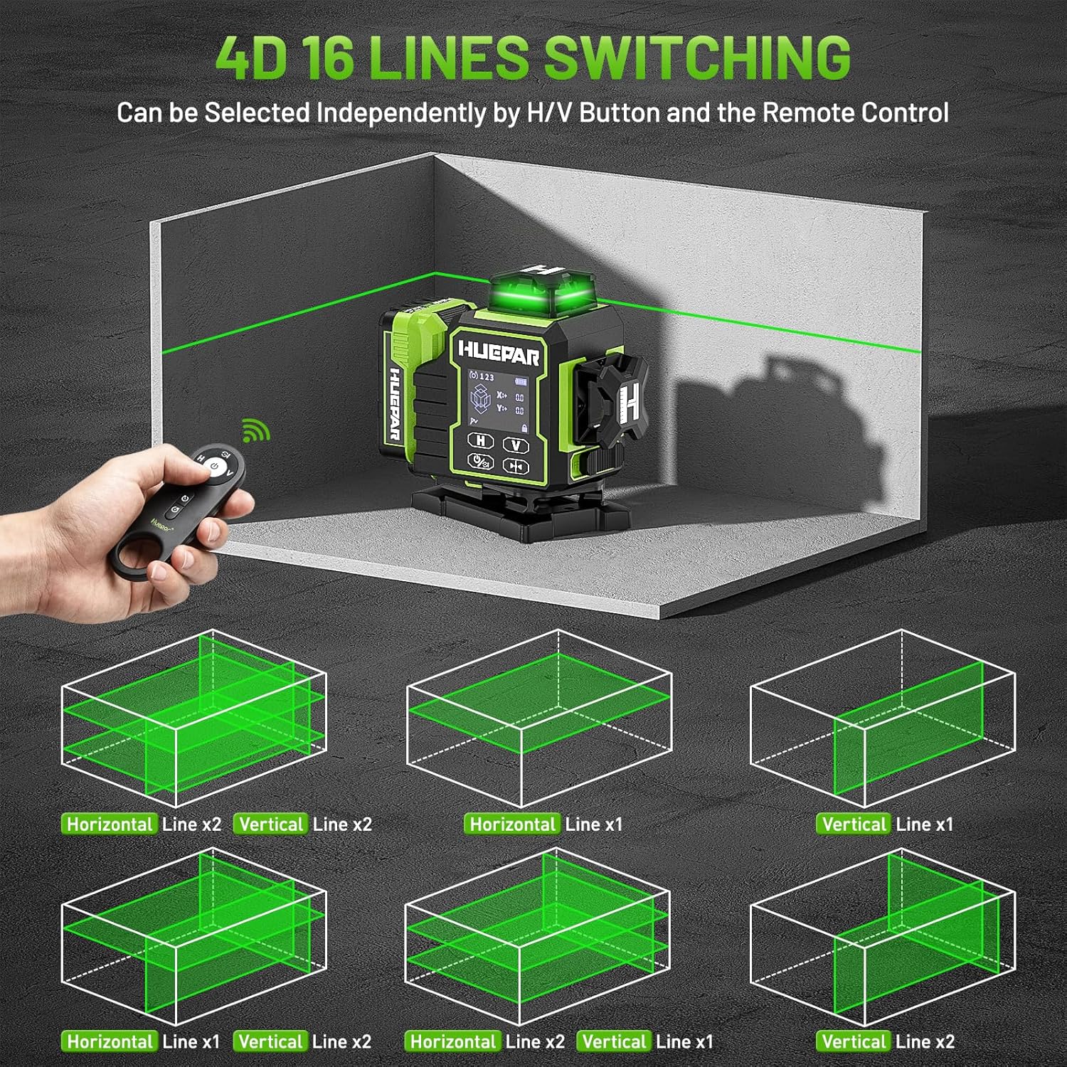 Detalle 2 de Huepar W04CG 4D 4x360° Green Laser Level with Receiver (up to 400 ft)