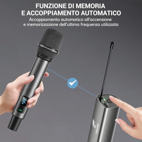 Detalle 2 de TONOR Microfono Wireless TW520: set professionale con due microfoni dinamici UHF ricaricabili