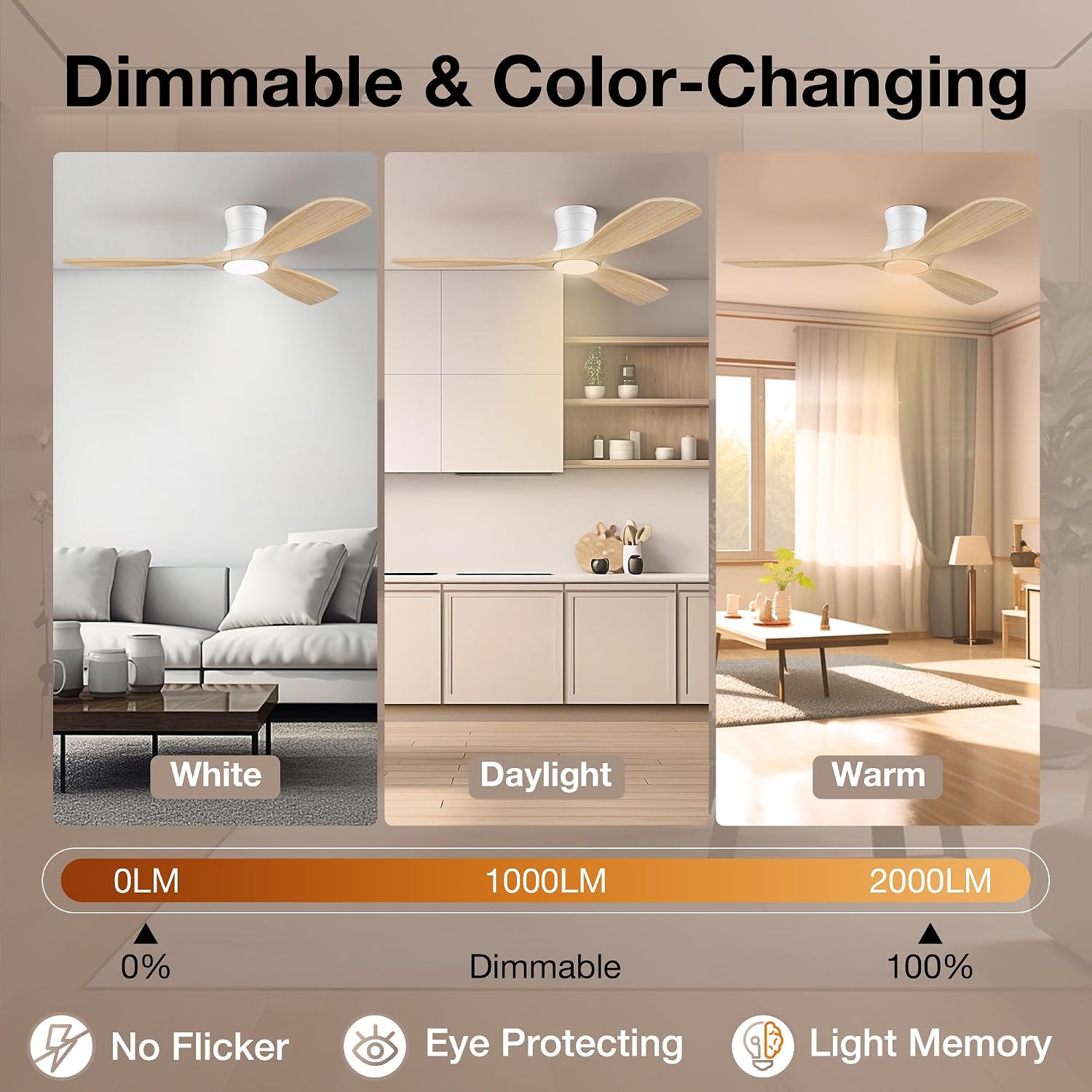 Thumbnail 5 de Hoenofly Smart 52” Wood Flush Mount Ceiling Fan