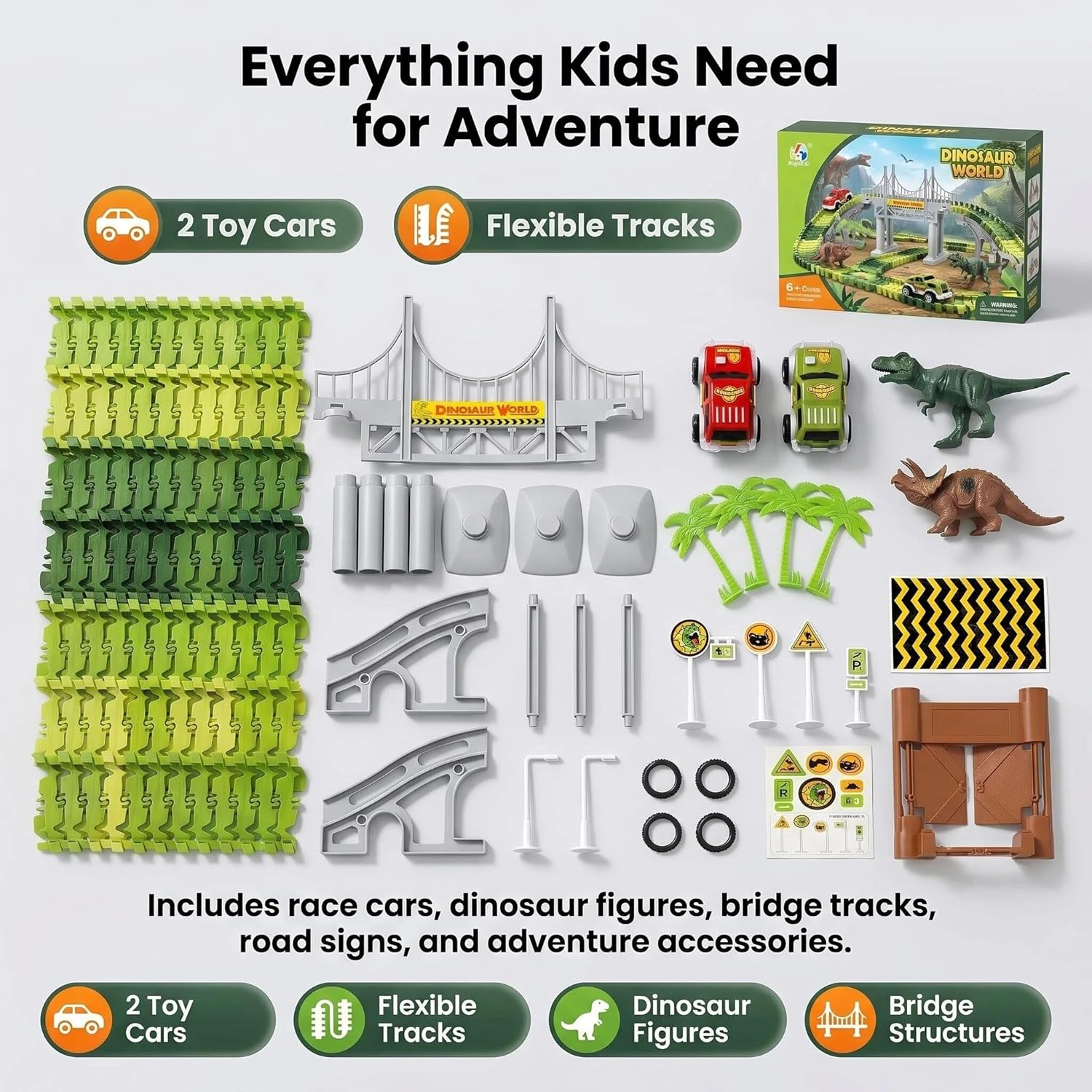 Detalle de Dinosaur Race Track Toys for Boys 3-5: Flexible Bridge Car Track Set with 2 Cars and Dinosaur Figures