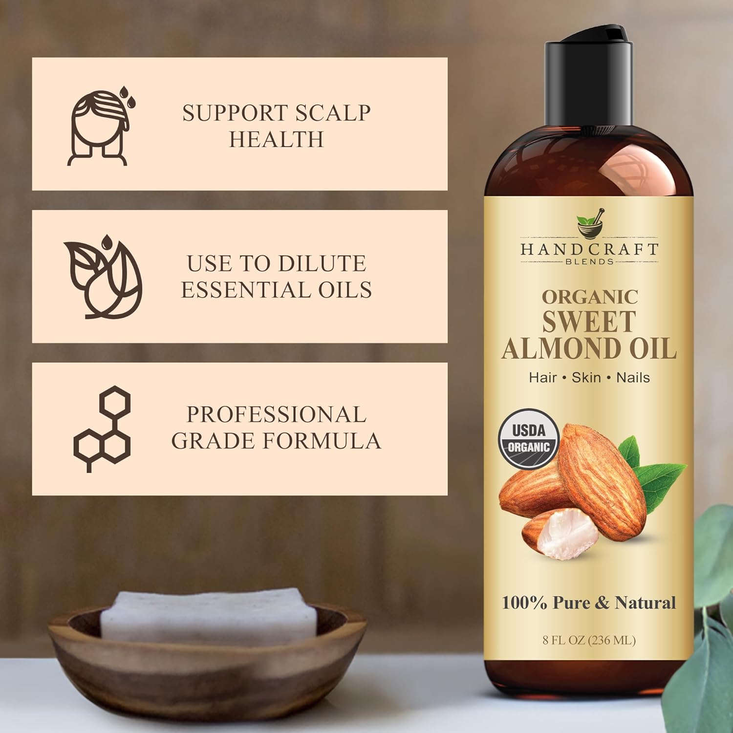 Detalle de Handcraft Blends Organic Sweet Almond Oil (8 fl oz) — 100% Pure Carrier Oil for Skin, Hair & Massage