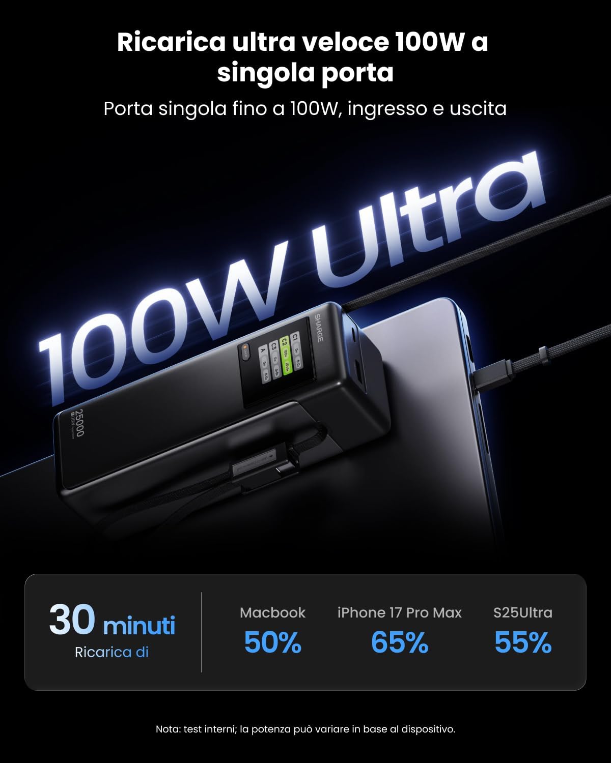 Detalle 2 de Sharge Power Bank Portatile HyperTower 170W – Caricatore rapido 25000mAh con cavi USB-C integrati