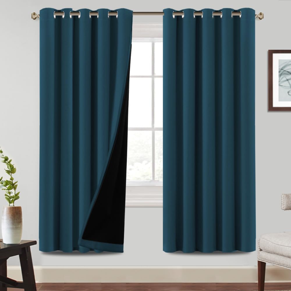 Detalle de BellaHills 100% Blackout Curtains (2 Panels) with Black Liner, Eyelet Set – Dark Teal, 66 x 72 Inch