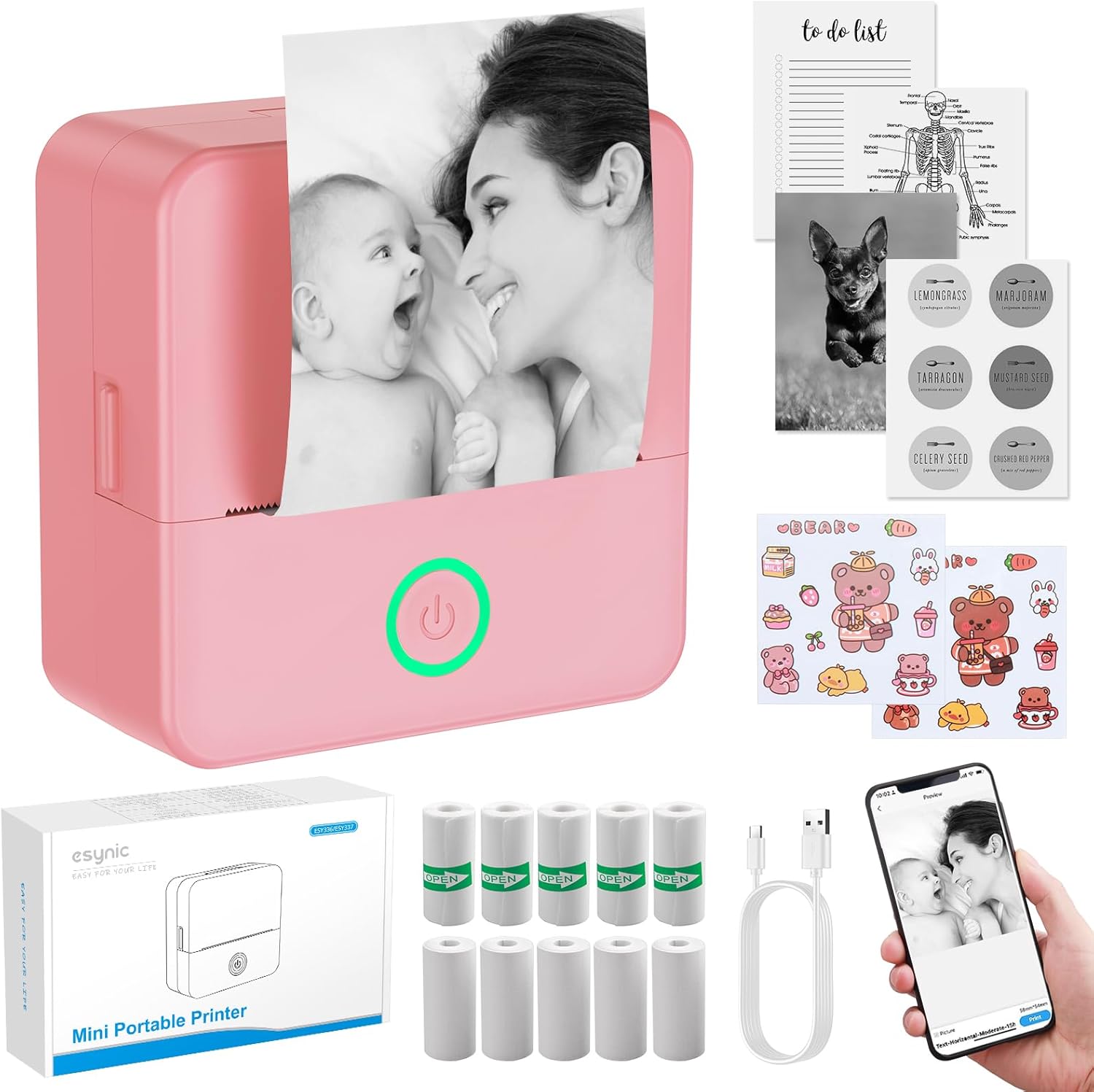 Detalle de eSynic Pink Mini Portable Thermal Printer: Pocket-Sized, Inkless Photo & Sticker Printer
