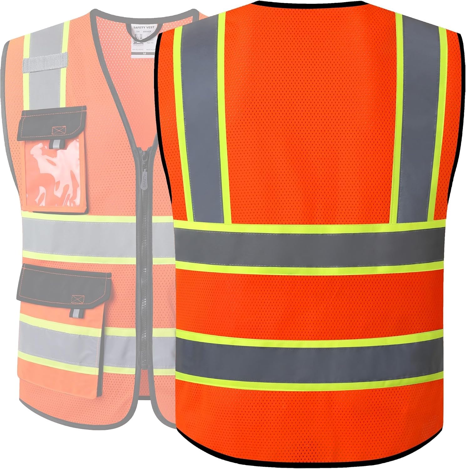 Detalle de JKSafety JK220 Safety Vest, Orange Small Mesh with Reflective Strips and Pockets