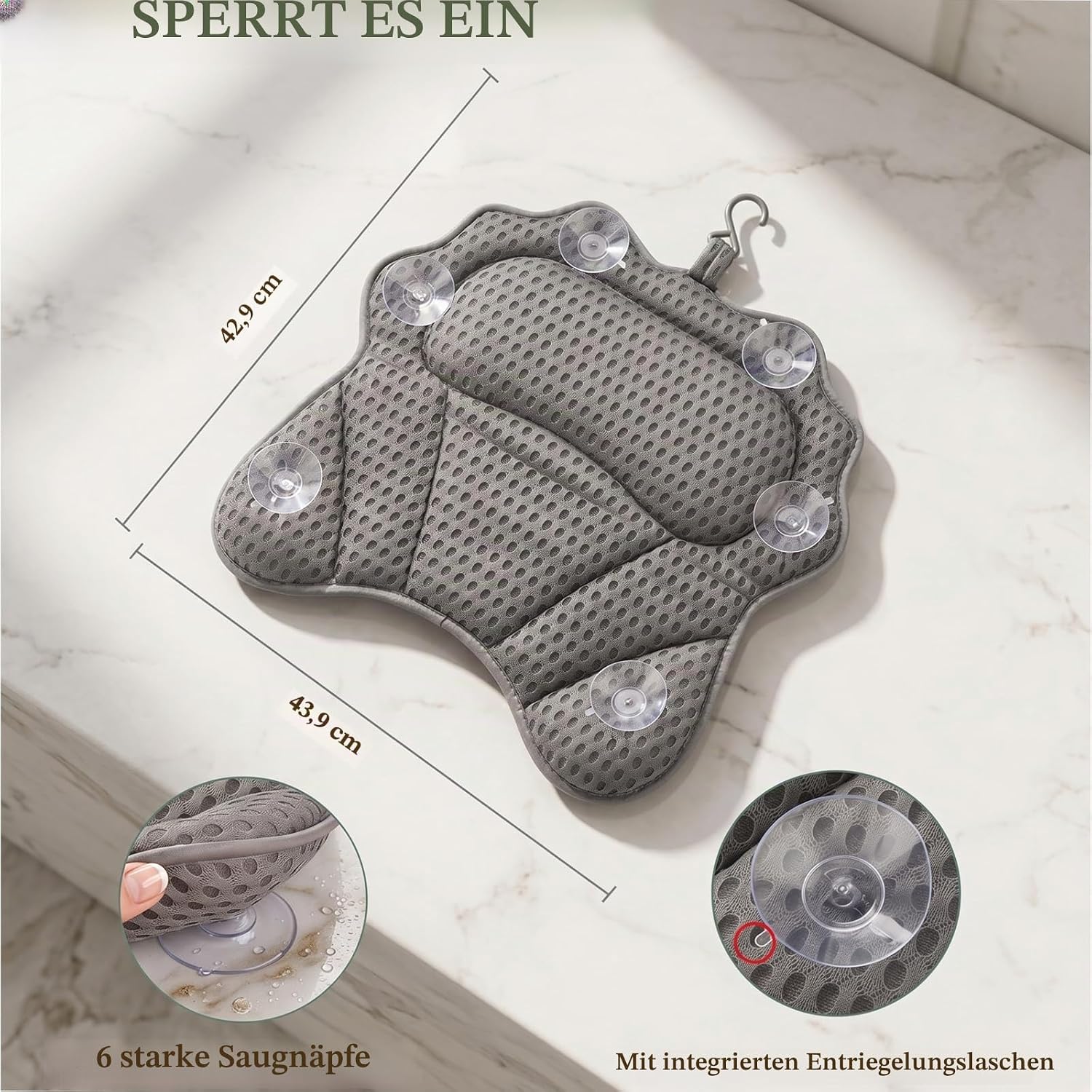 Detalle de Badekissen RUVINCE – Ergonomisches Luxus-Badekissen mit Kopf-, Nacken-, Schulter- und Rückenstütze (4D, 6 Saugnäpfe)