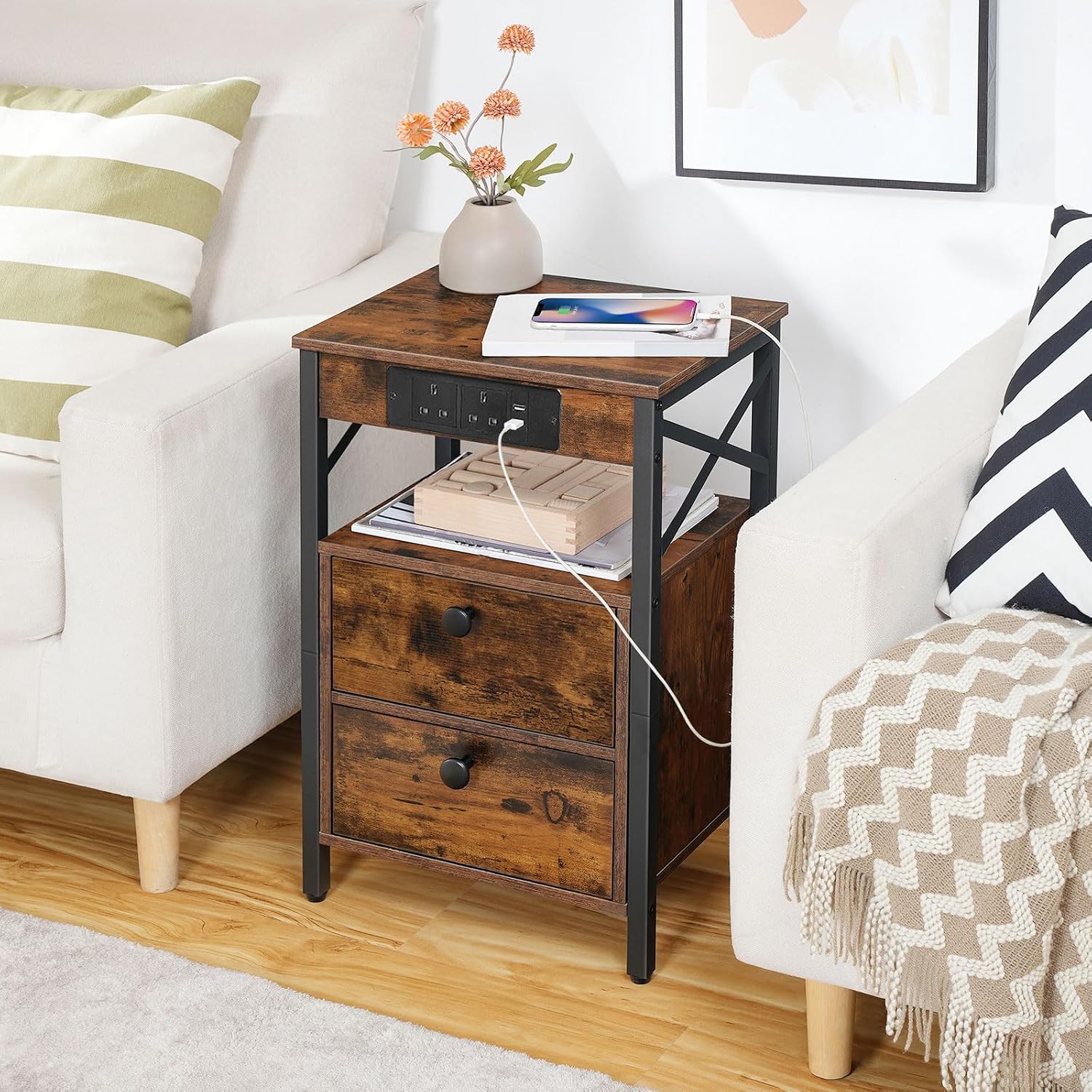 Thumbnail 1 de HOOBRO Wooden Bedside Table with Charging Station (EBF138KBZ01)