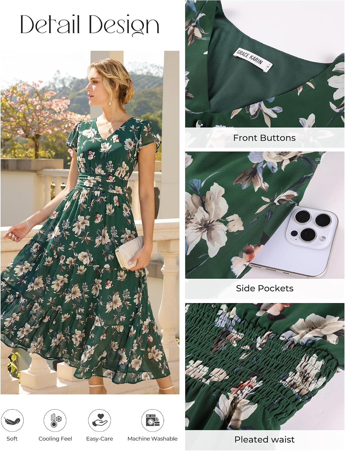 Detalle de GRACE KARIN 2026 Women’s Summer Maxi Dress with V-Neck, Pockets, and Floral Print